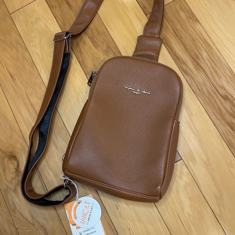 NWT INICAT Brown Vegan Leather Crossbody Sling Bag Belt Bag Travel Purse